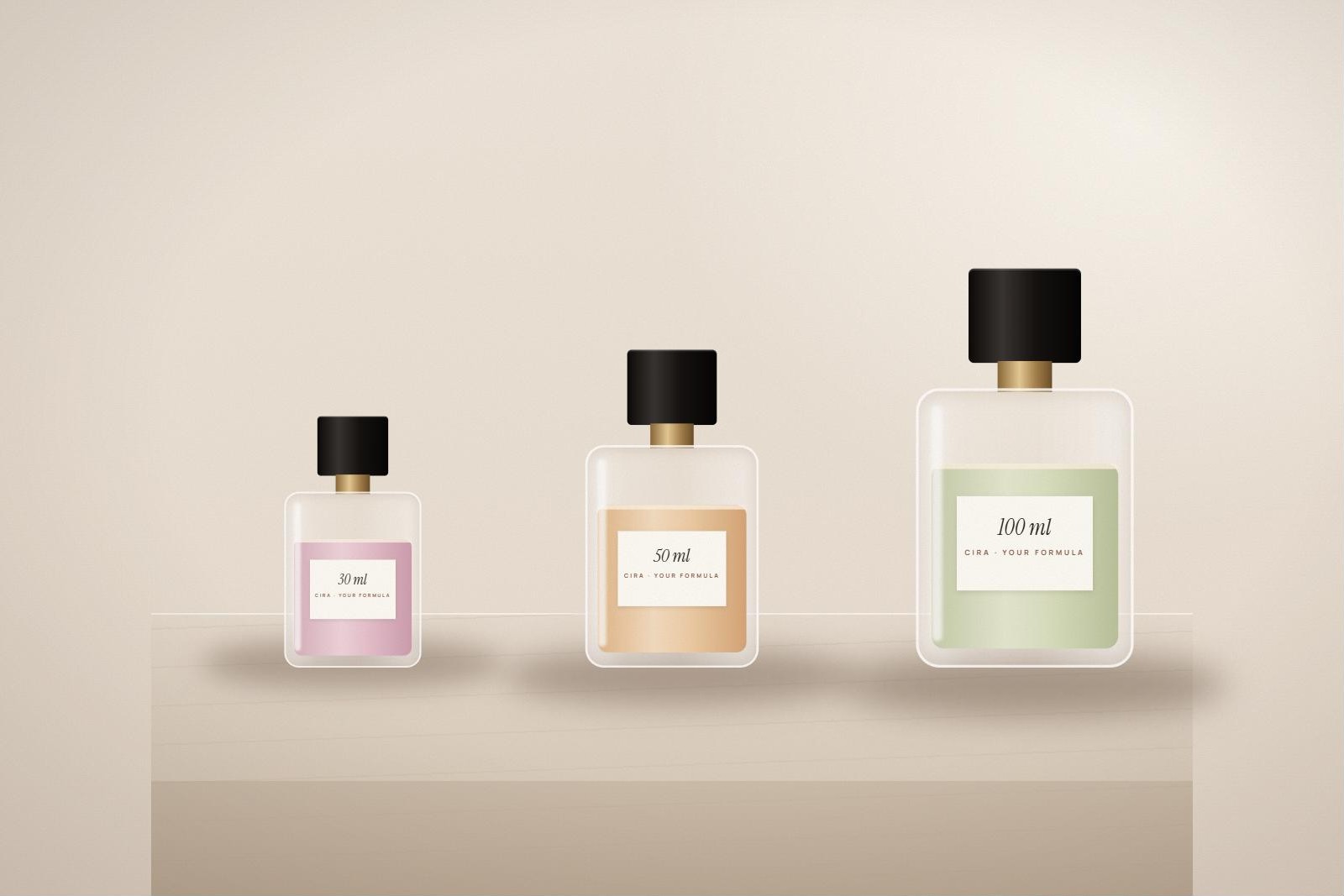 Three Cira bottle sizes, 30, 50 and 100 ml, each with a personal label